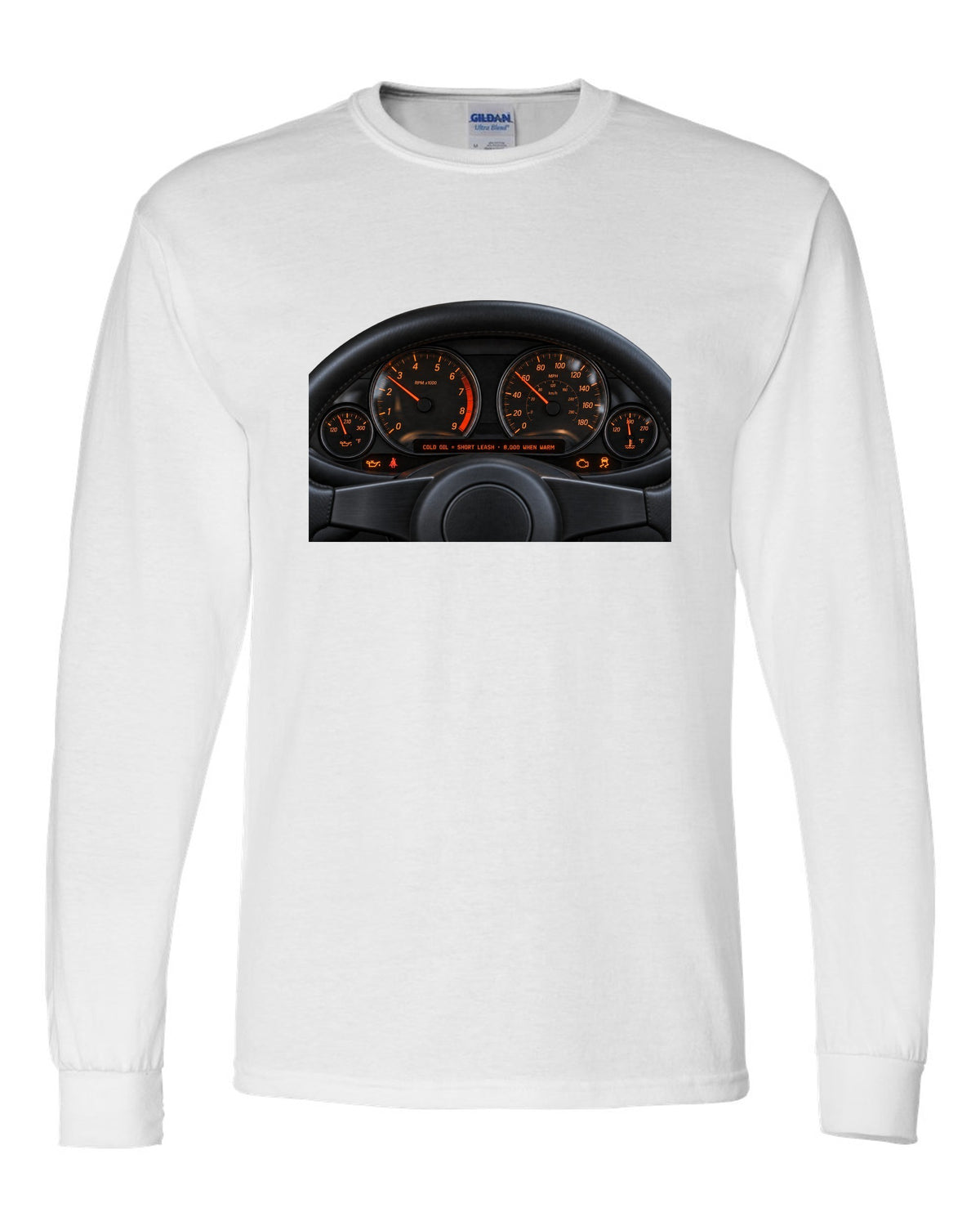 BMW E46 M3 coupe cockpit gauge print with cold oil short leash and 8,000 when warm text white long sleeve front view with the design