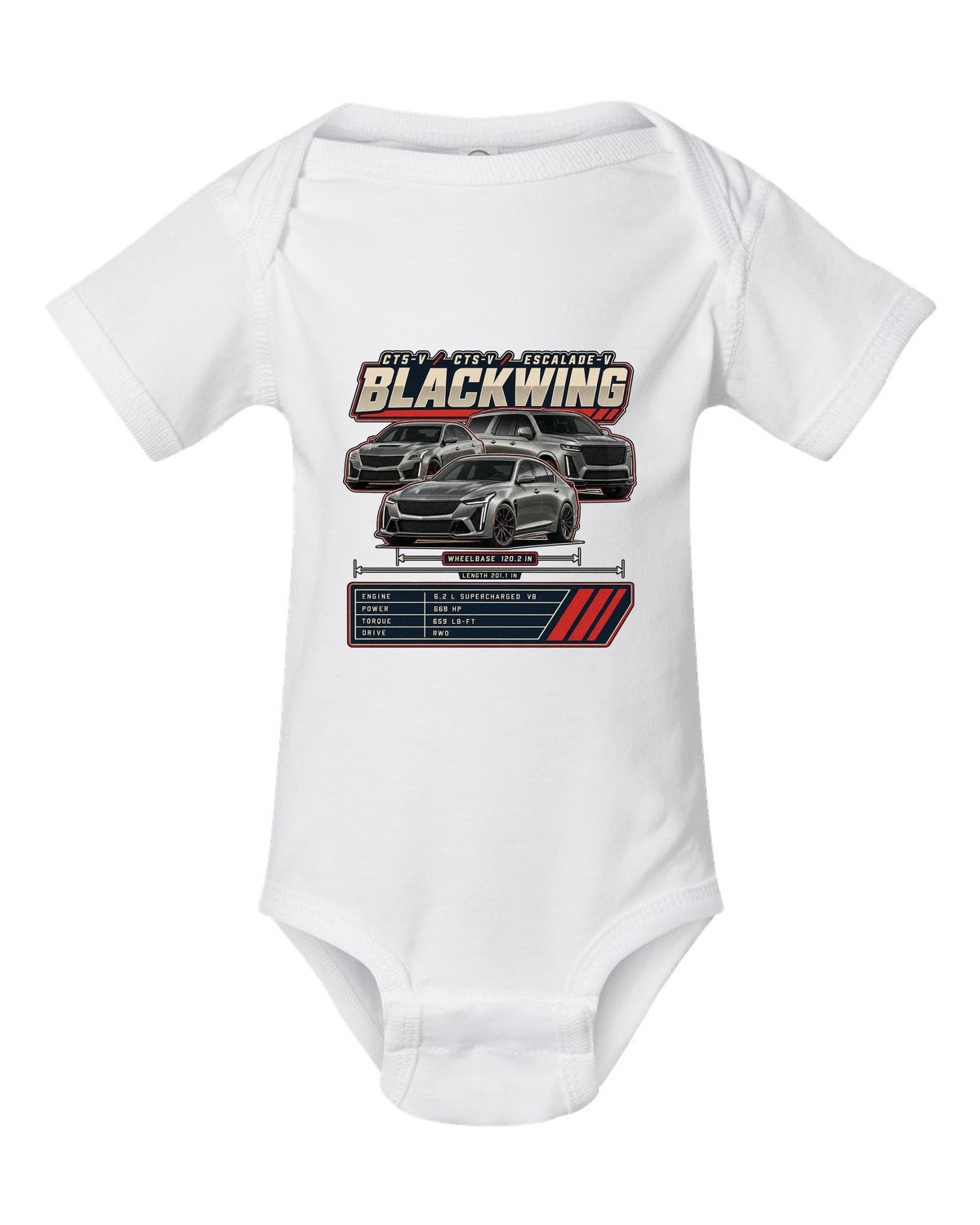 Spec poster print of a Dodge Charger SRT Hellcat Redeye Widebody white baby onesie front view with the design
