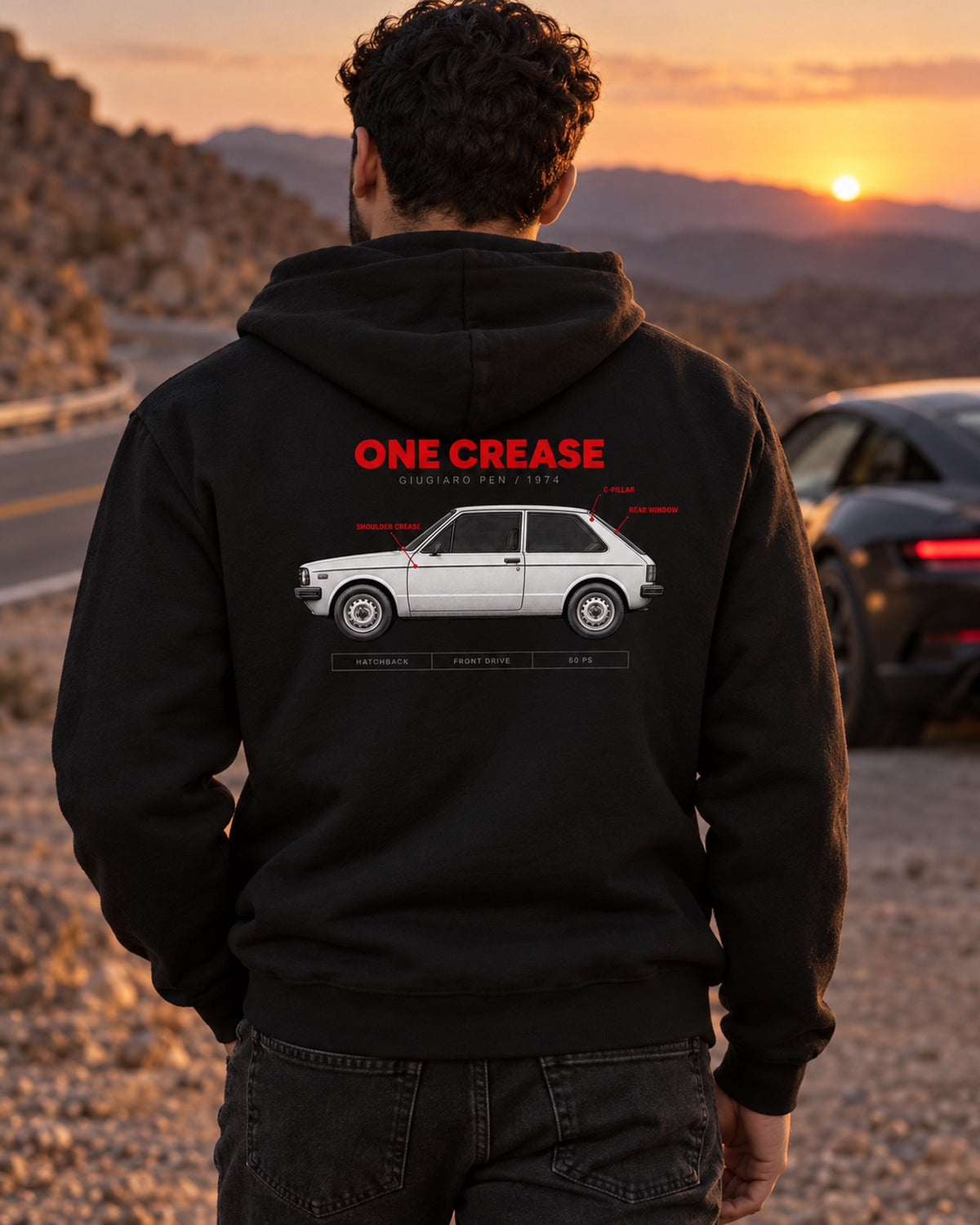 VW Golf Mk1 1974 Giugiaro Spec Poster print Shirt Zip Hoodie Black worn hero