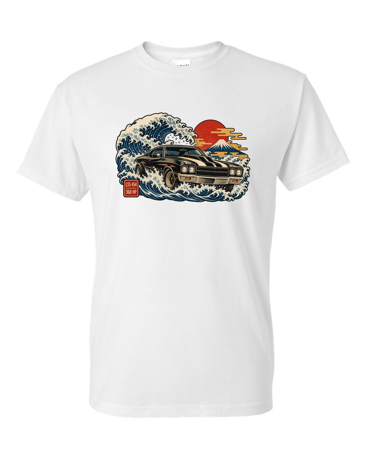 1970 Chevelle SS on a great wave in ukiyo-e woodblock style with text LS5 454 360 HP white t-shirt front view with the design