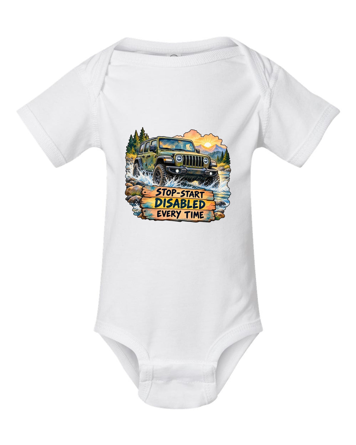 Watercolour night road print of a Jeep Wrangler JL with stop-start disabled text white baby onesie front view with the design