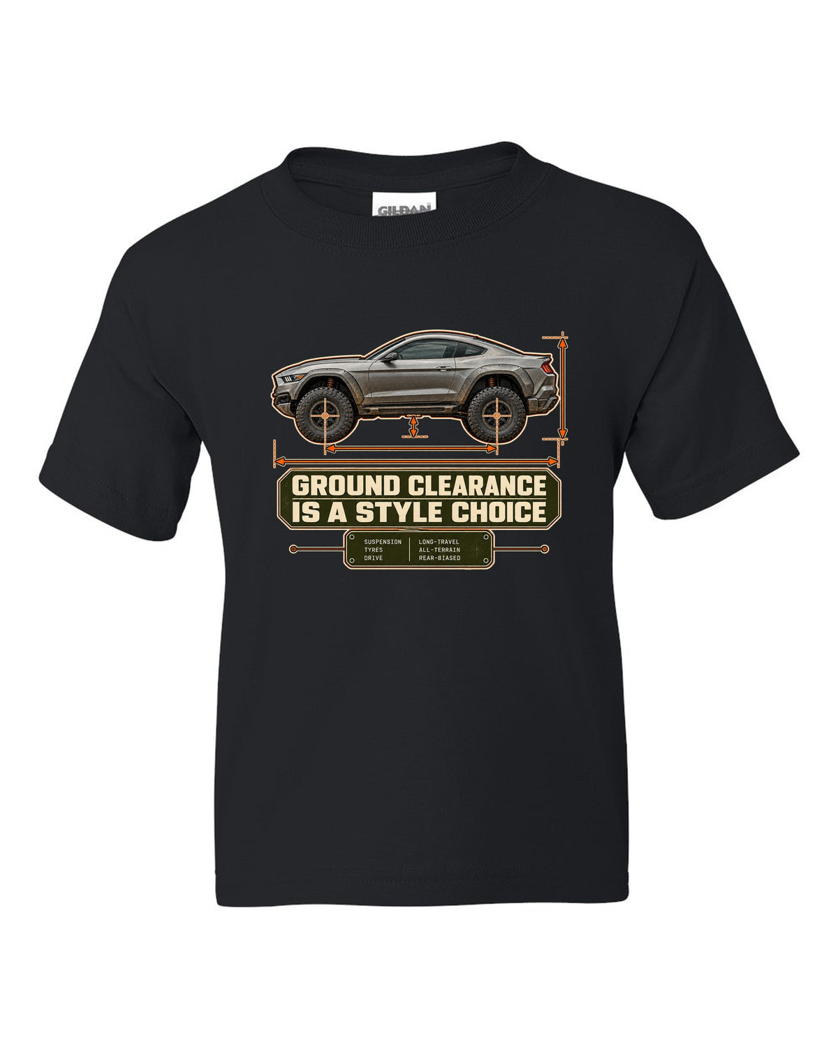 print of a Mustang Raptor concept dimension blueprint with ground clearance text black kids tee front view with the design