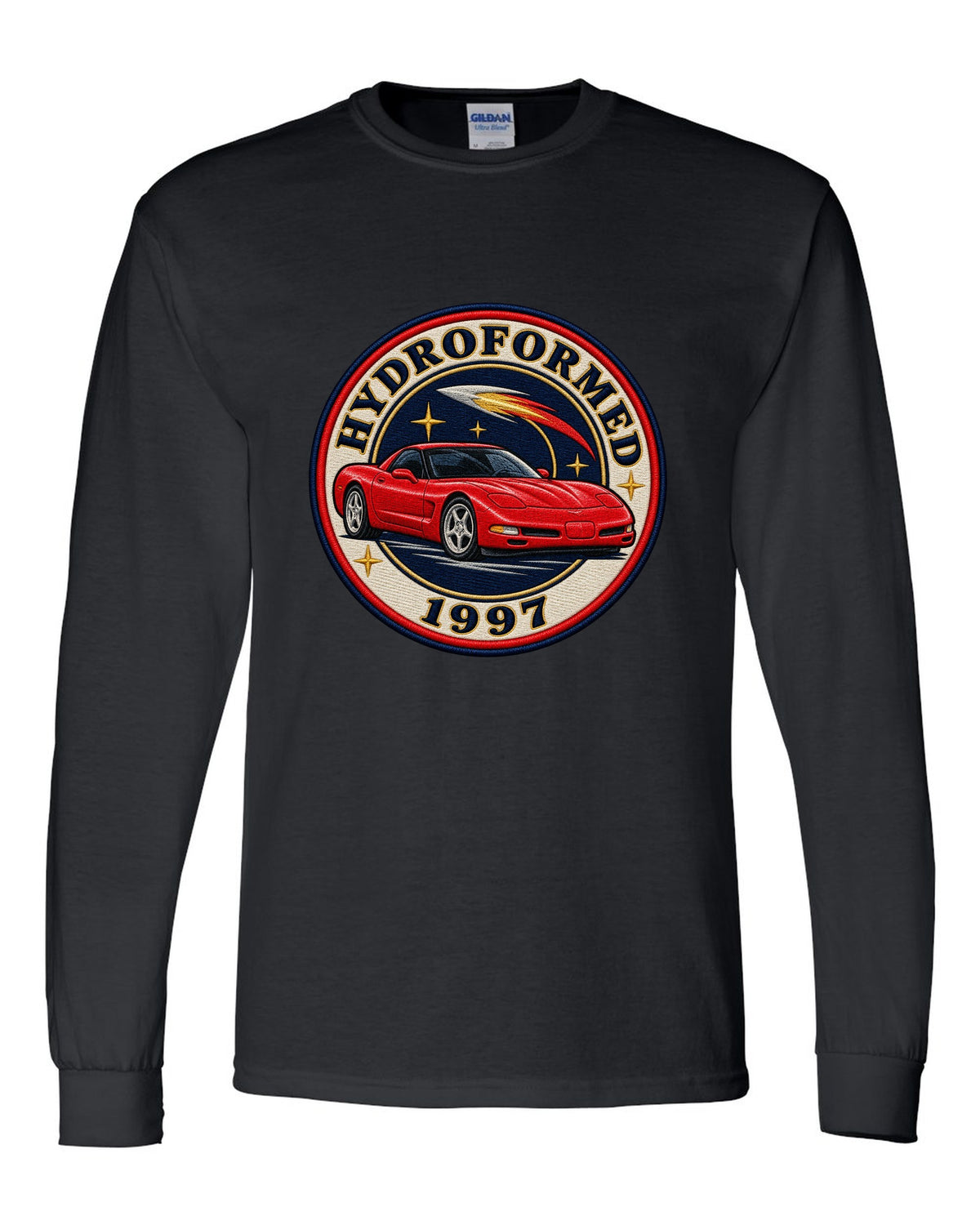 Embroidery style varsity crest print of a 1997 Chevrolet Corvette C5 coupe with Hydroformed text black long sleeve front view with the design