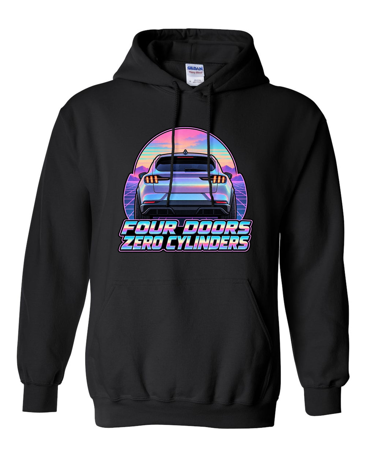 Vaporwave pastel print of a 2021 Ford Mustang Mach-E rear at dusk black pull over hoodie front view with the design
