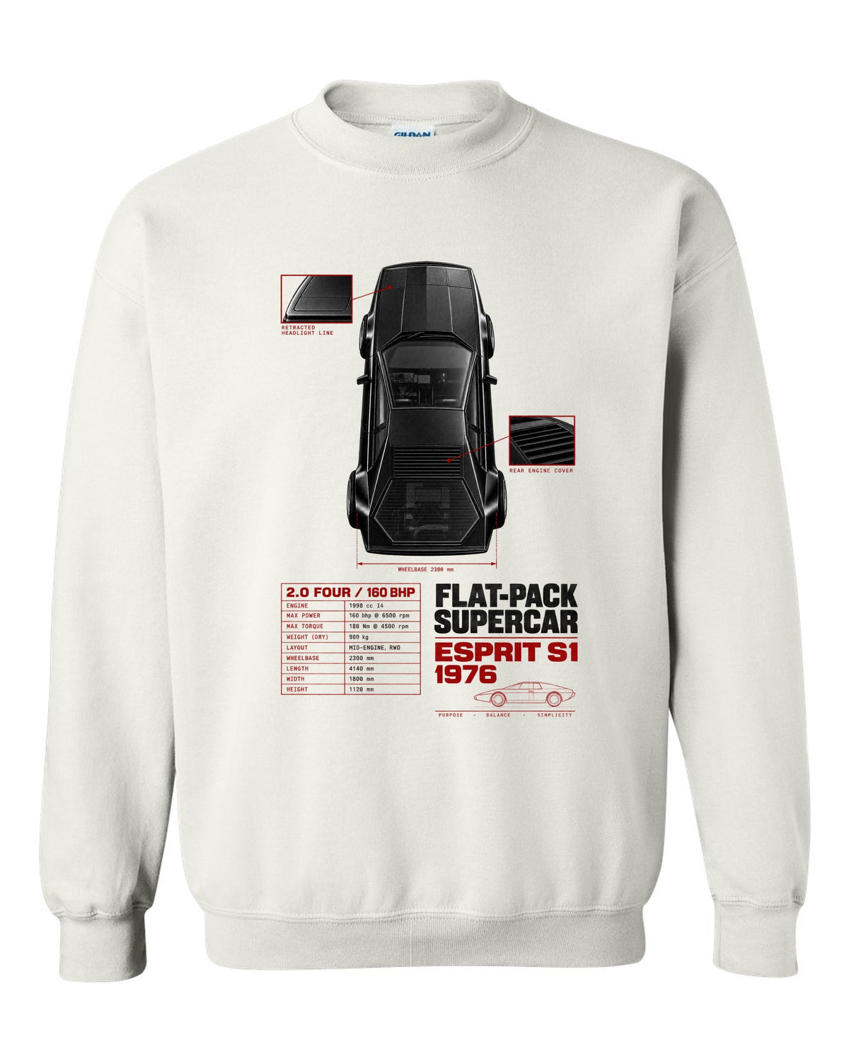 Lotus Esprit S1 top-down spec poster with 2.0 four and 160 bhp white crewneck front view with the design