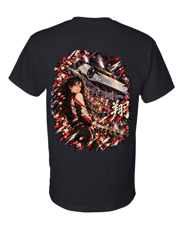 Tesla Roadster Flip Anime Girl T-Shirt Black back