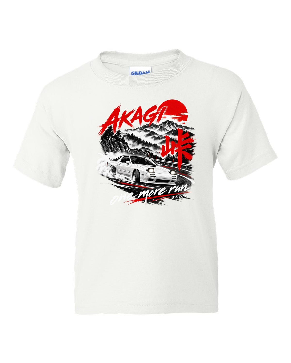 Night print of a Mazda RX-7 FC3S on Akagi with one more run lettering white kids tee front view with the design