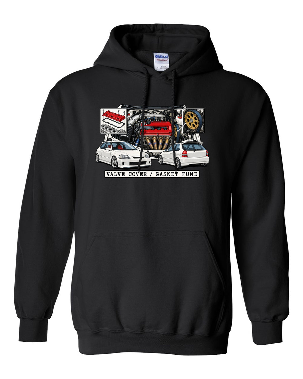 Technical patent drawing print of a 1997 Honda Civic EK9 with Valve Cover Gasket Fund lettering black pull over hoodie front view with the design