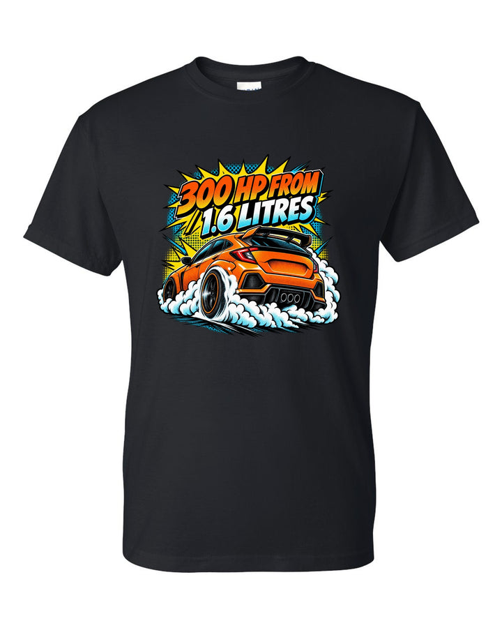 Comic halftone pop-art of a Toyota GR Corolla doing a burnout with 300 HP from 1.6 litres lettering black t-shirt front view with the design