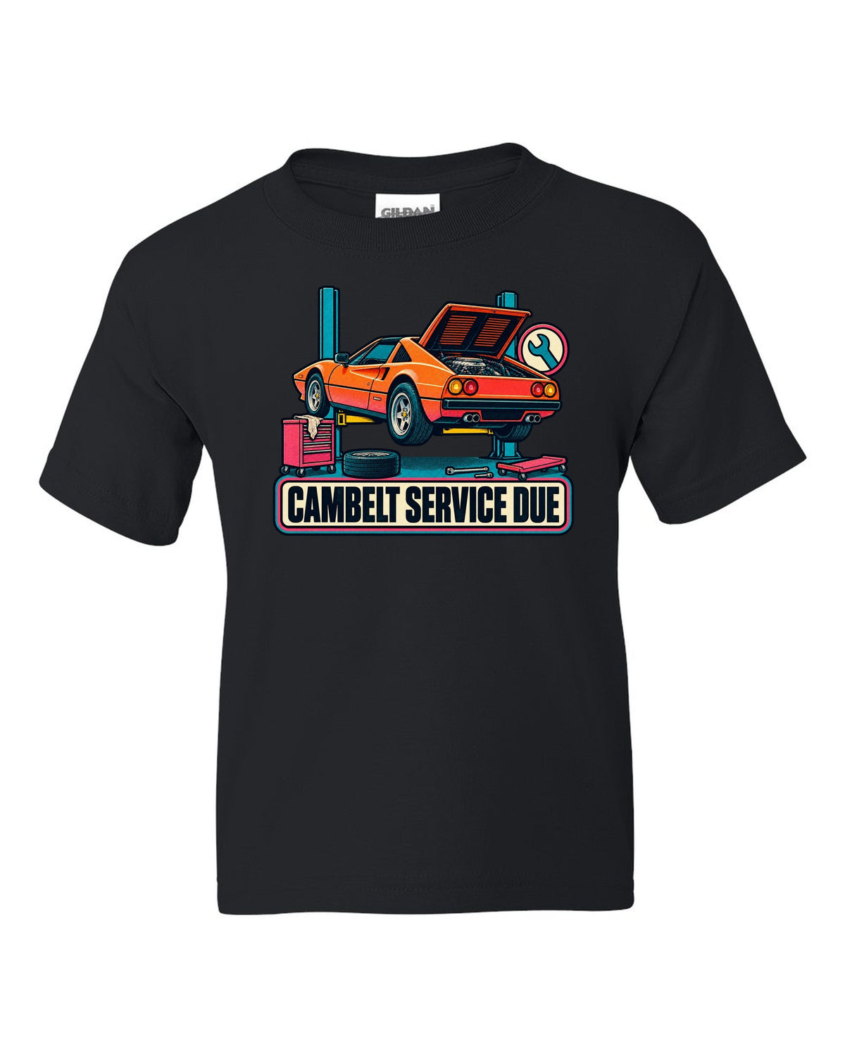 Risograph two-colour halftone print of a Ferrari 308 GTS with the text cambelt service due black kids tee front view with the design