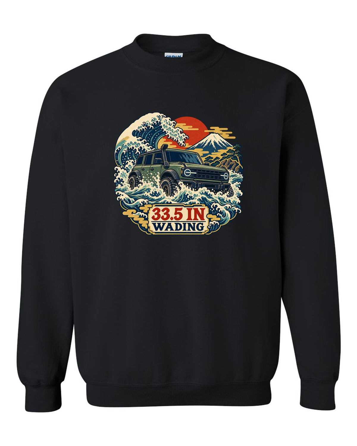 Ford Bronco 6G four-door with snorkel wading a wave in an ukiyo-e print black crewneck front view with the design