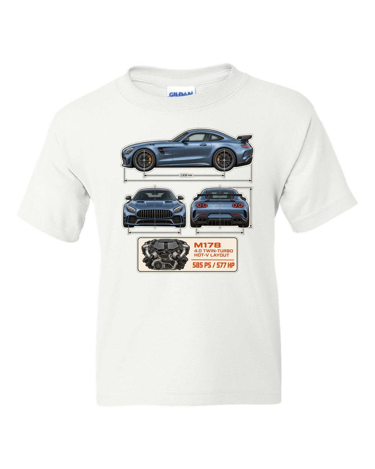 Mercedes-AMG GT R C190 dimension blueprint print white kids tee front view with the design