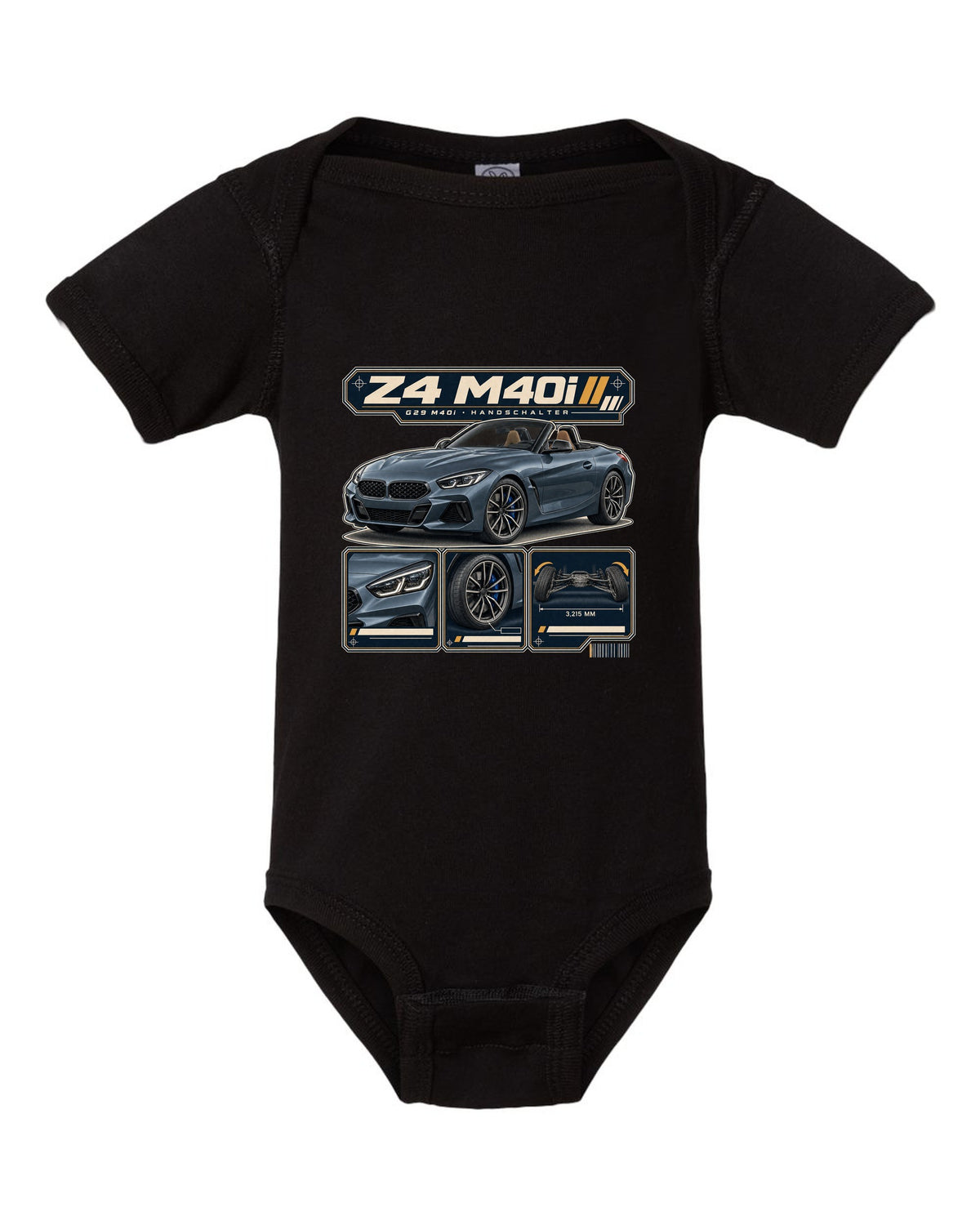Dossier panel print of the BMW i7 M70 G70 noting rear wheel steering black baby onesie front view with the design