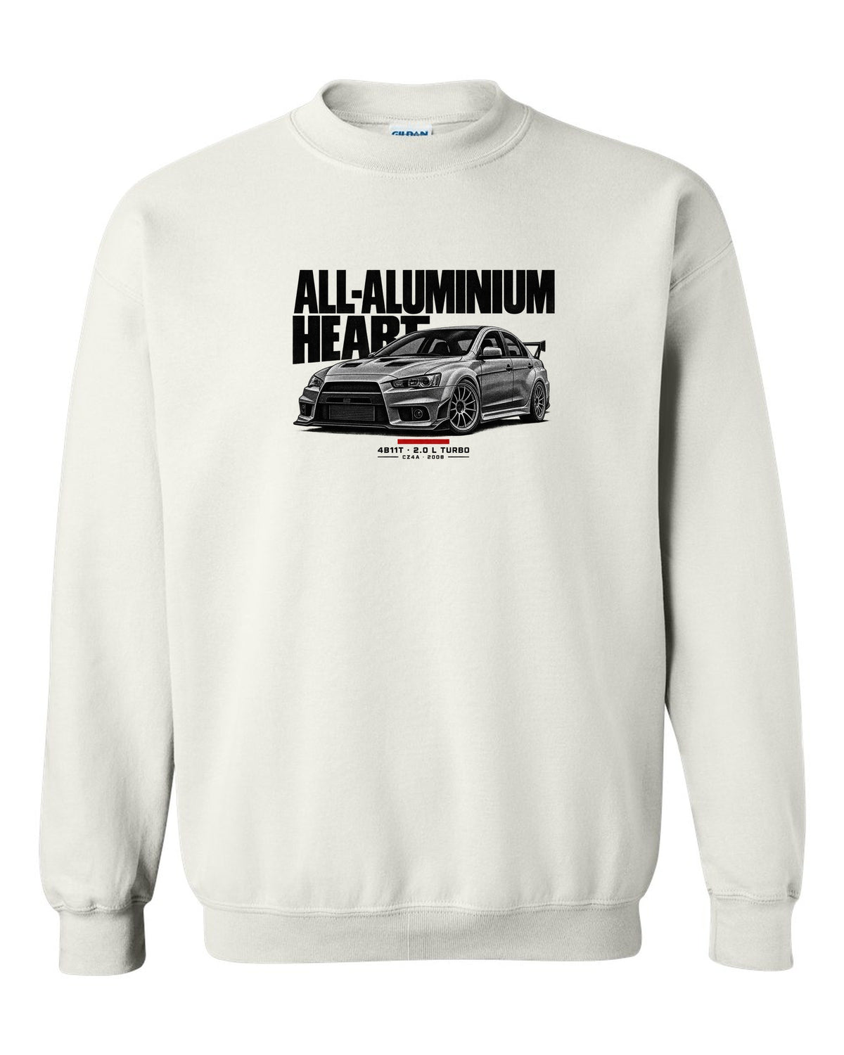 Halftone Mitsubishi Lancer Evolution X CZ4A with all-aluminium 4B11T text white crewneck front view with the design