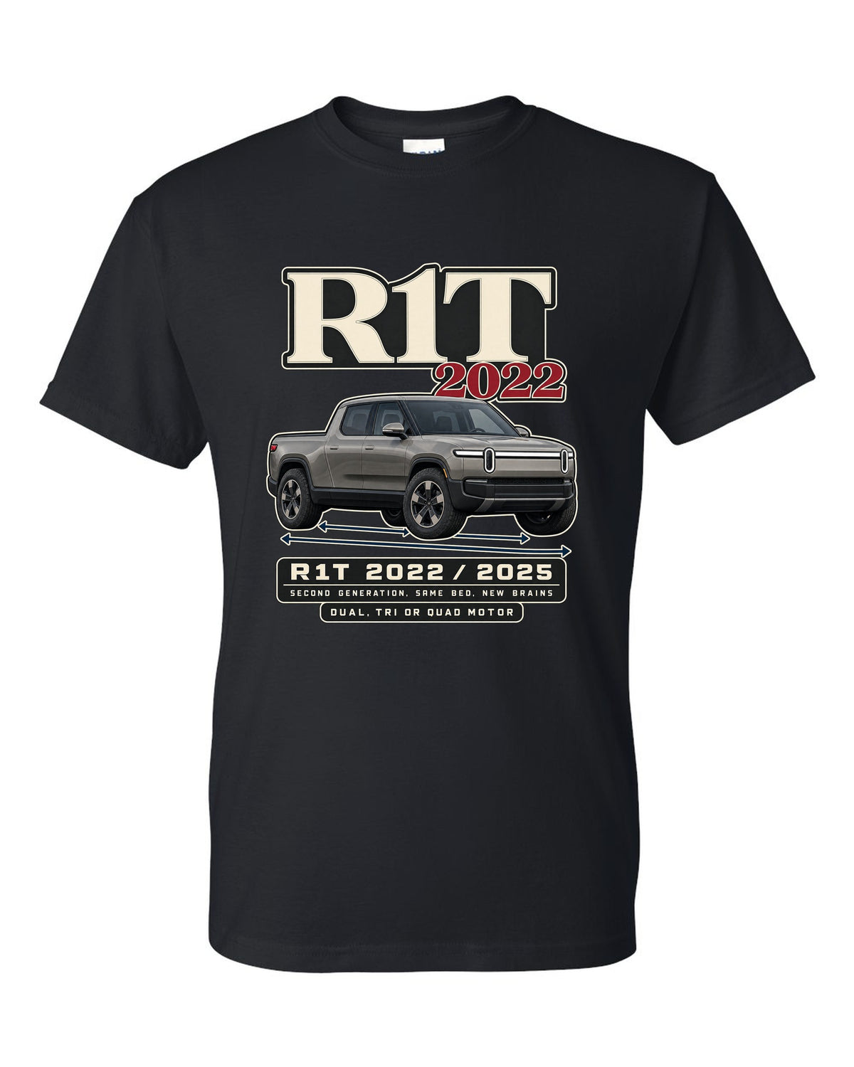 Archive panel print of a Rivian R1T Gen 2 with 2022 and 2025 model years black t-shirt front view with the design