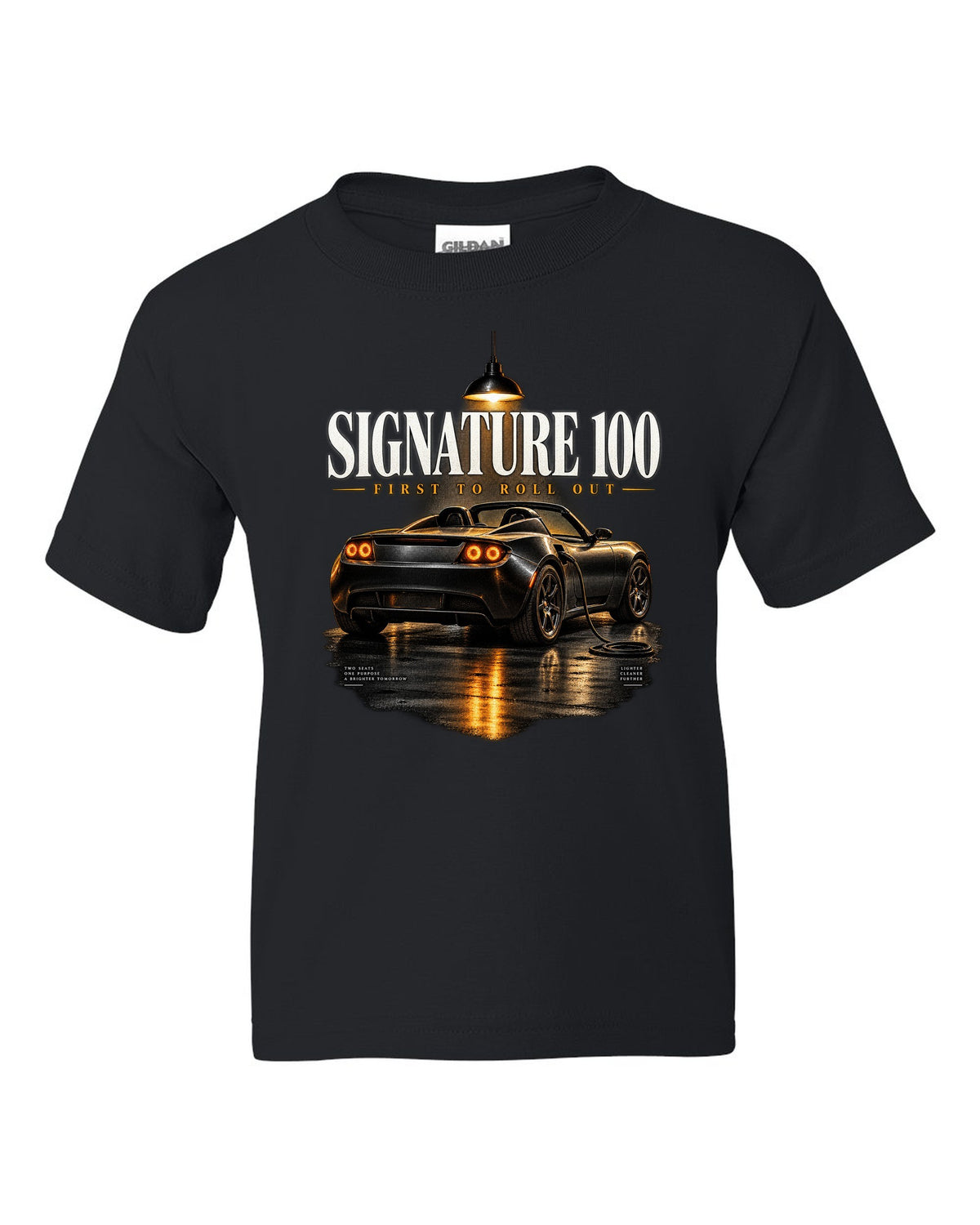Tesla Roadster Gen 1 Signature 2008 in a night garage with the text Signature 100 first to roll out black kids tee front view with the design