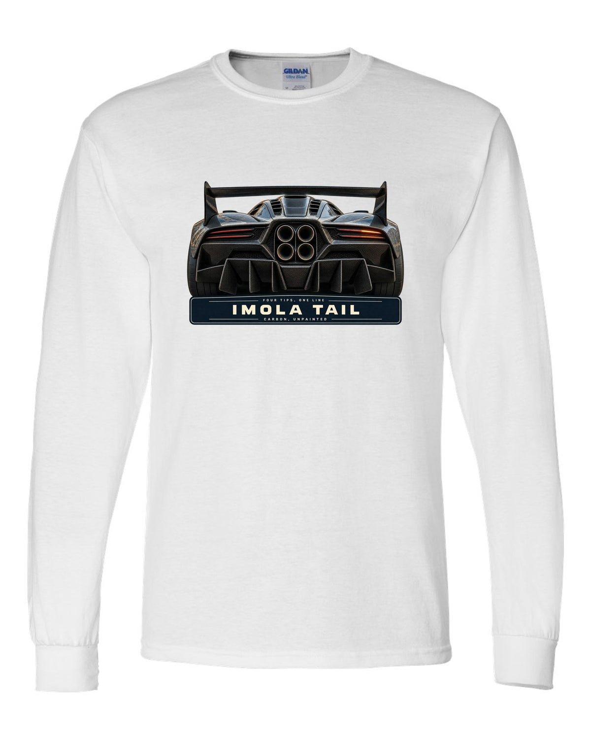 Taillight macro print of the Pagani Huayra Imola with the text four tips, one line, Imola tail, carbon, unpainted white long sleeve front view with the design