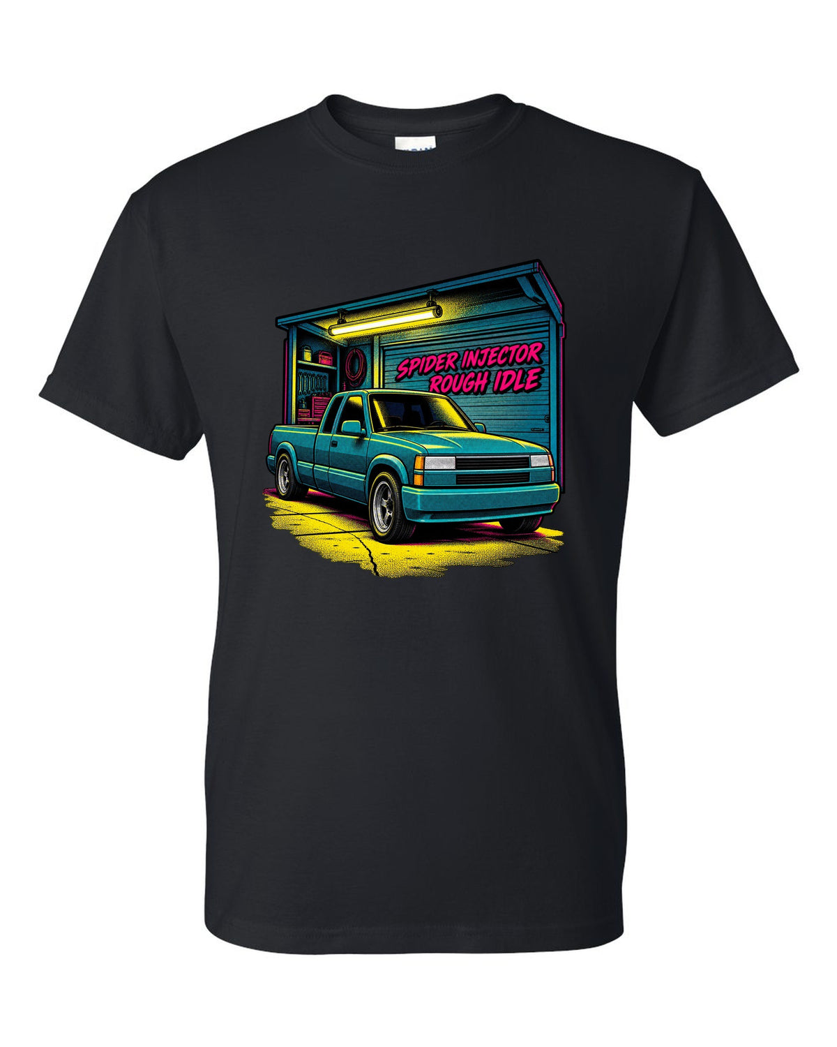 Comic halftone pop-art print of a 1988-98 Chevrolet GMT400 C1500 OBS extended cab with spider injector rough idle lettering black t-shirt front view with the design