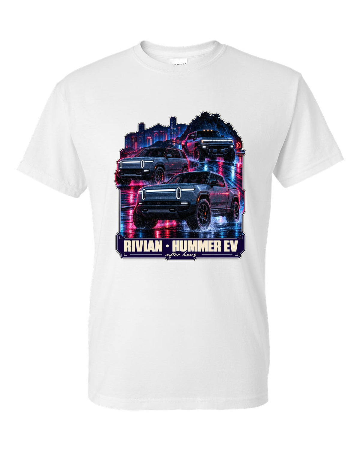 Night street print of the Range Rover Sport SV L461 on a wet road at 2 AM white t-shirt front view with the design