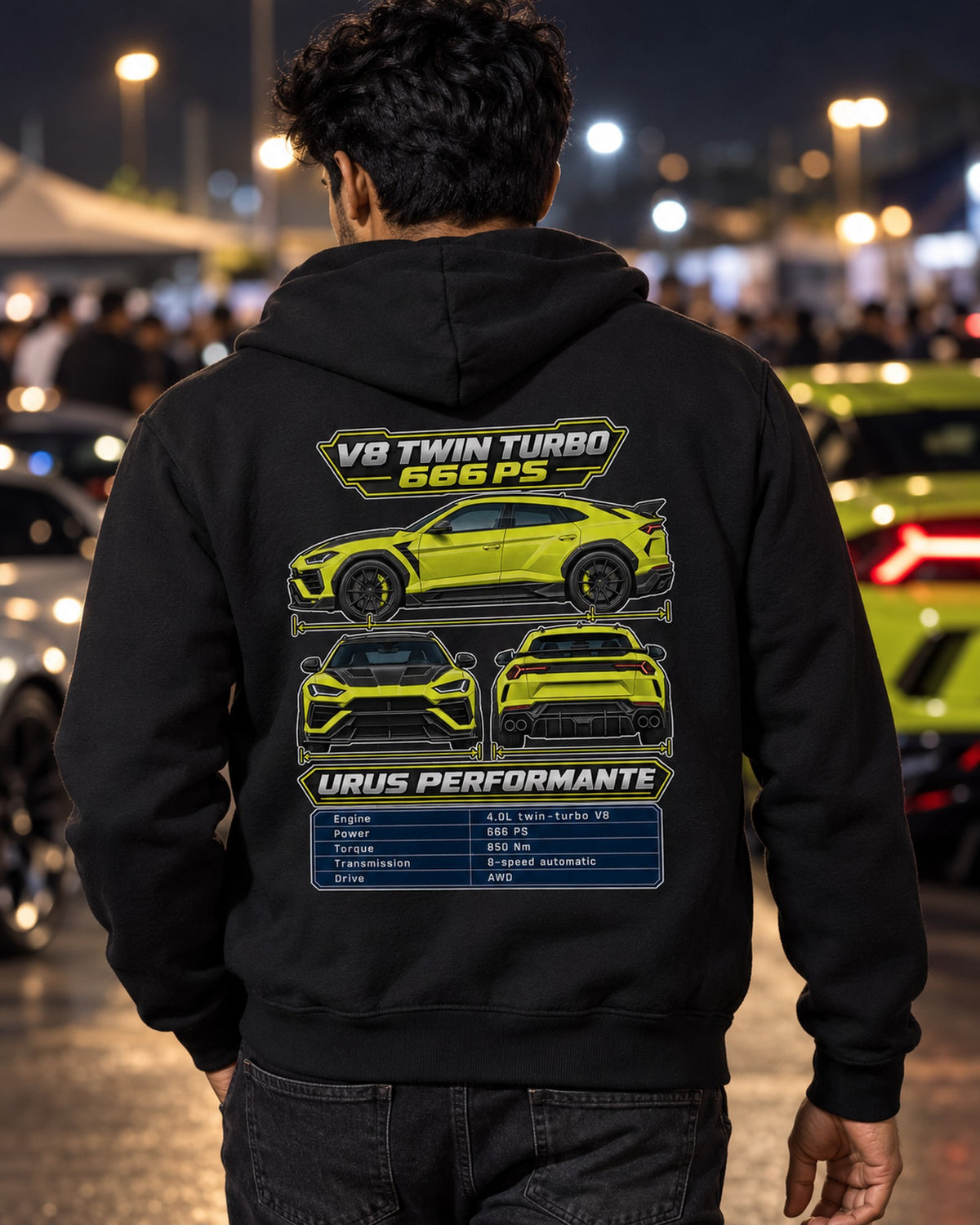 Lamborghini Urus Performante Spec Sheet Full-Back Graphic Tee Zip Hoodie Black worn hero