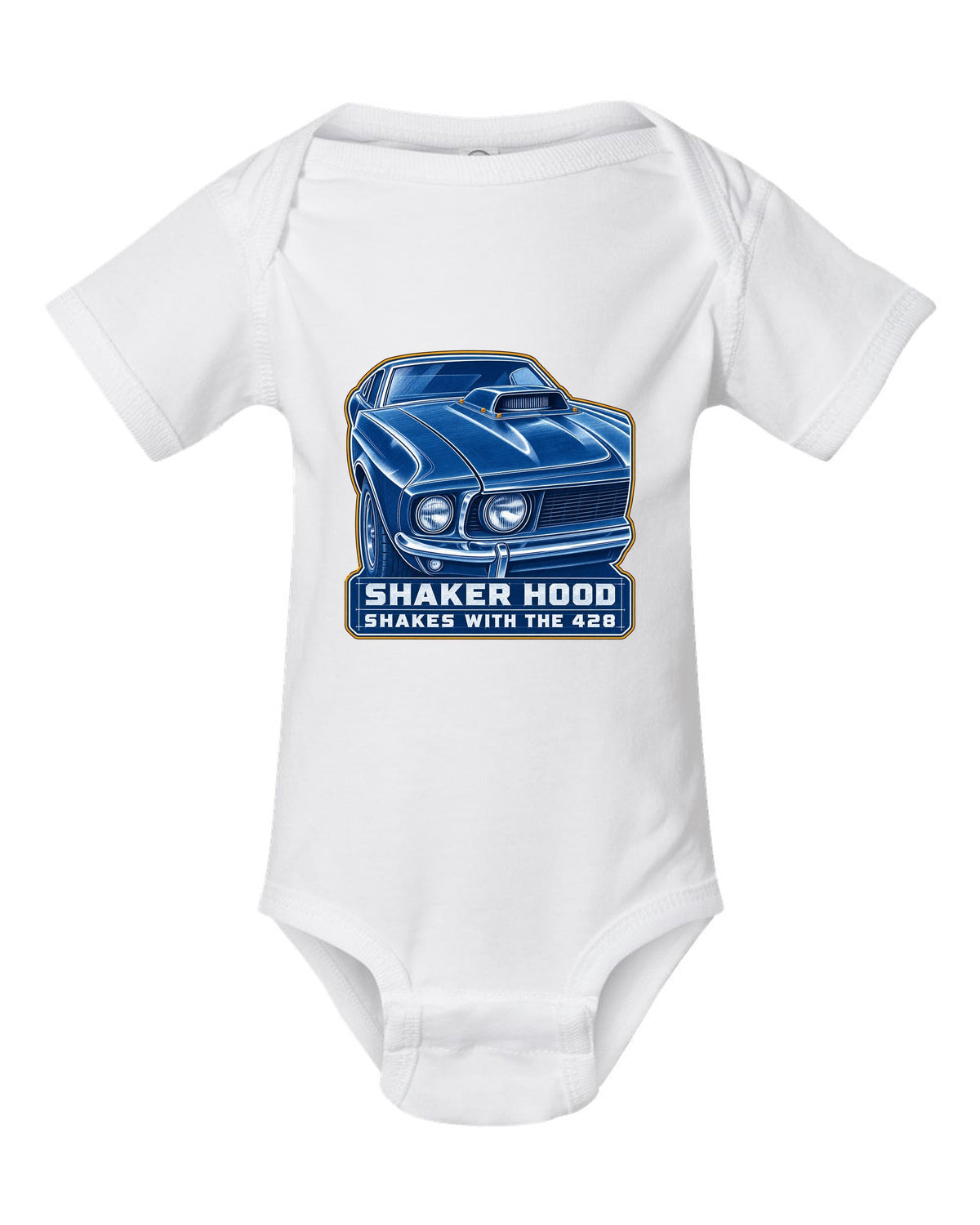 Cyanotype blueprint print of a 1969 Ford Mustang fastback shaker hood white baby onesie front view with the design