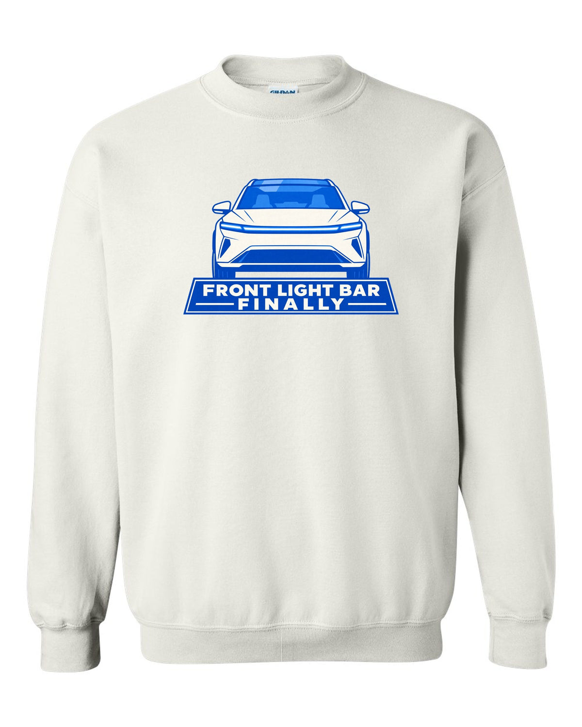 Minimal geometric flat vector print of a Tesla Model Y Juniper with the text Front Light Bar Finally white crewneck front view with the design