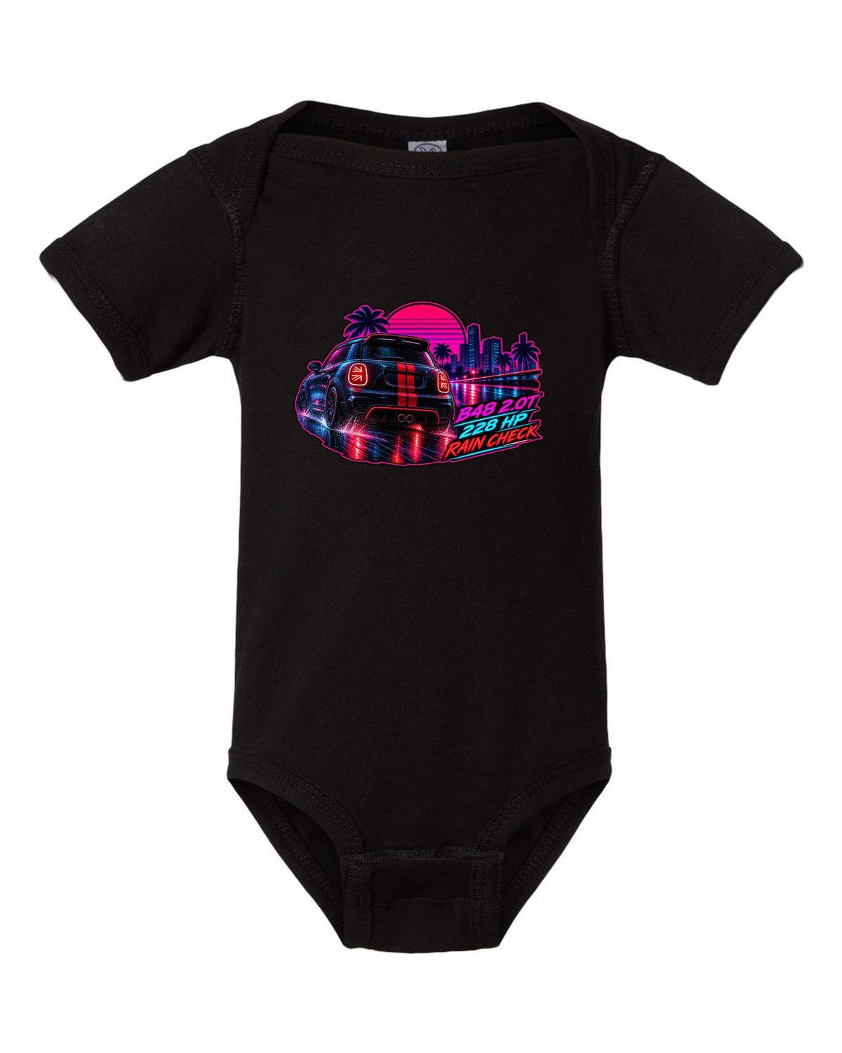 Synthwave print of a Mini JCW F56 rear with Union Jack tail lights and B48 228 HP text black baby onesie front view with the design