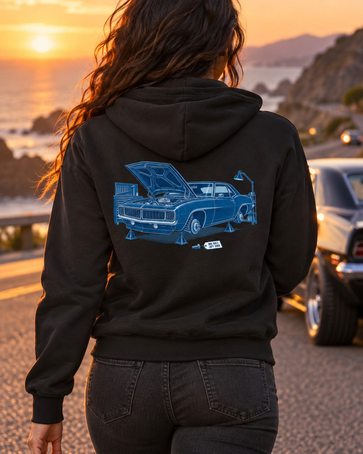 1969 Camaro Cyanotype Shirt, One Bolt Left Over Garage Tee Zip Hoodie Black worn hero