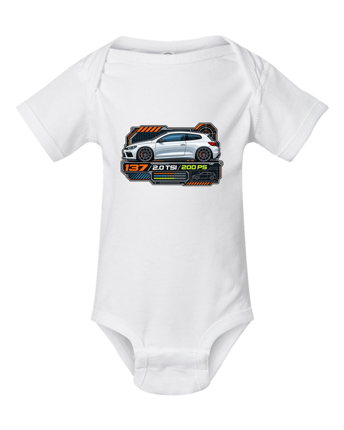 Spec-sheet data plate print of a VW Scirocco Mk3 with 137 2.0 TSI 200 PS text white baby onesie front view with the design