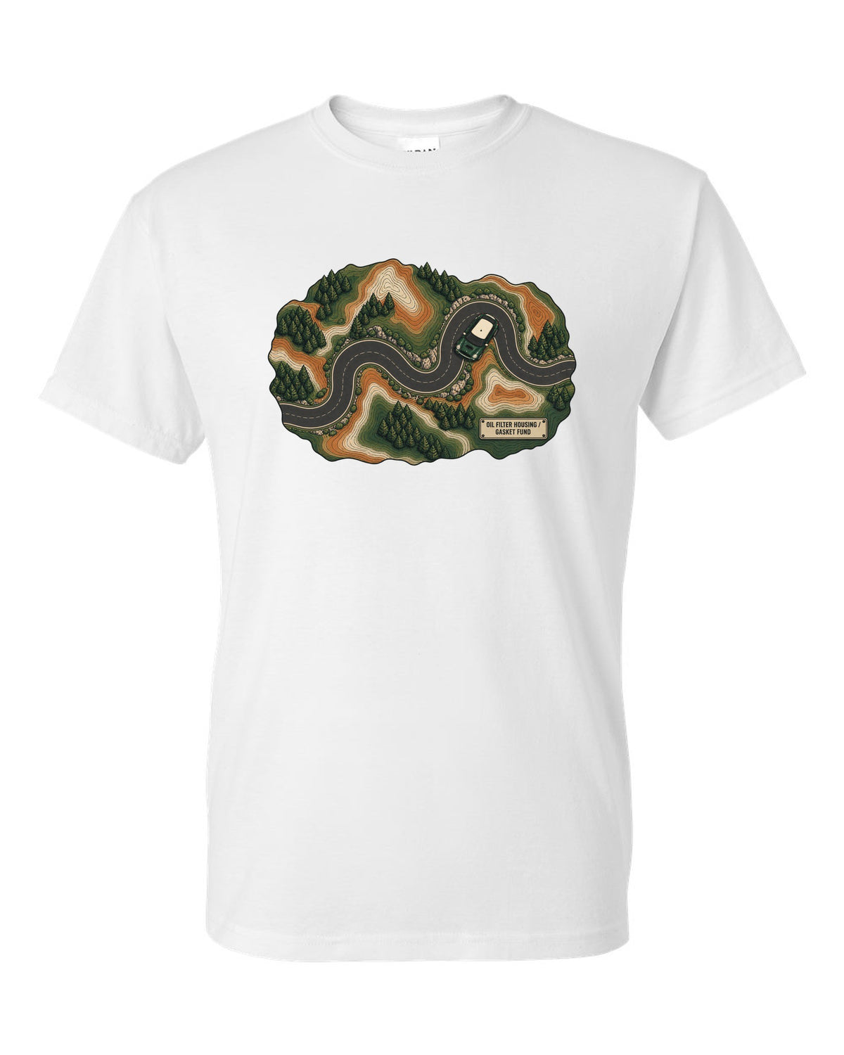 Topographic route map design of a Mini Cooper S R56 with gasket fund text white t-shirt front view with the design