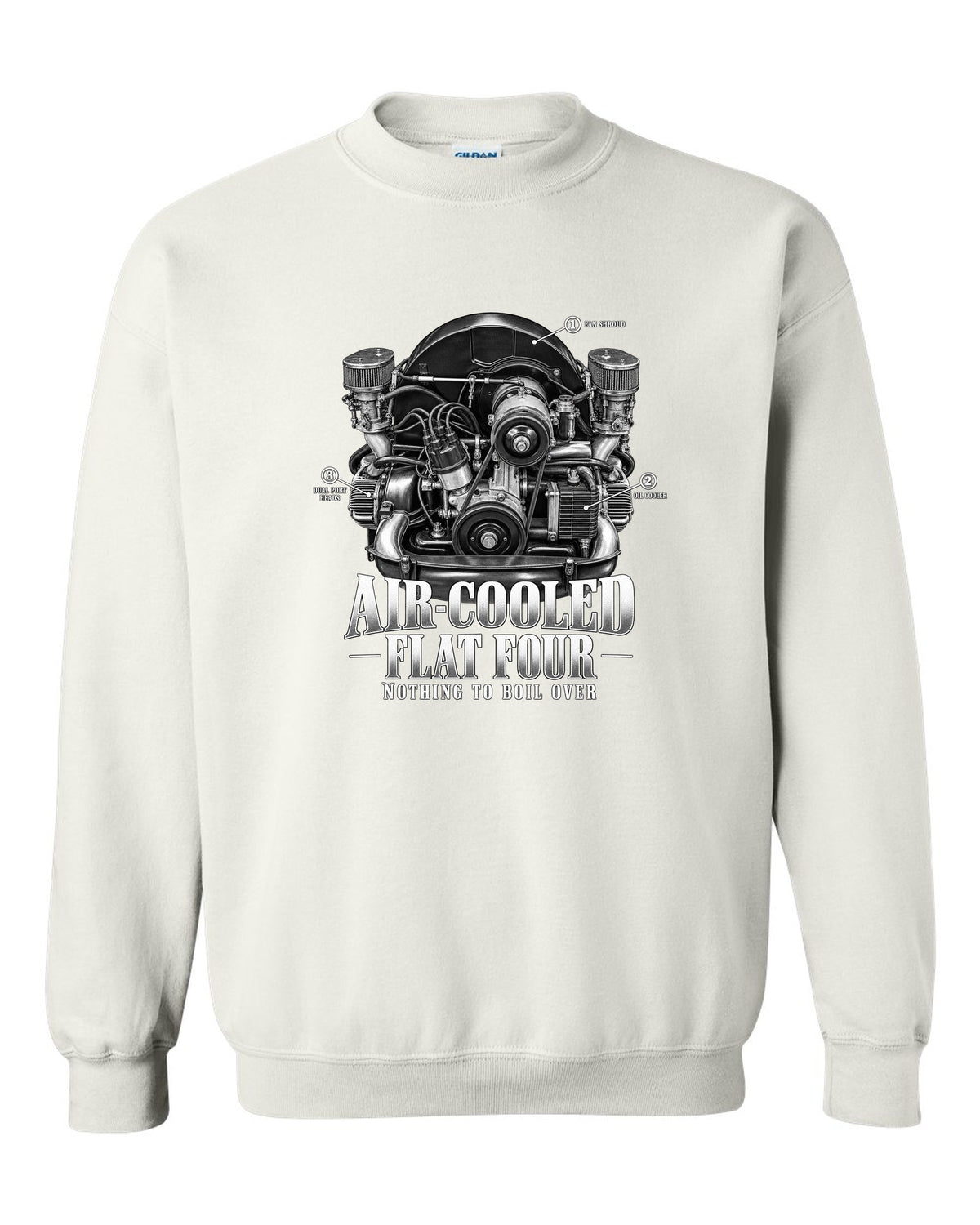 Engine bay callout print of a VW Beetle air-cooled 1600 dual-port flat-four white crewneck front view with the design