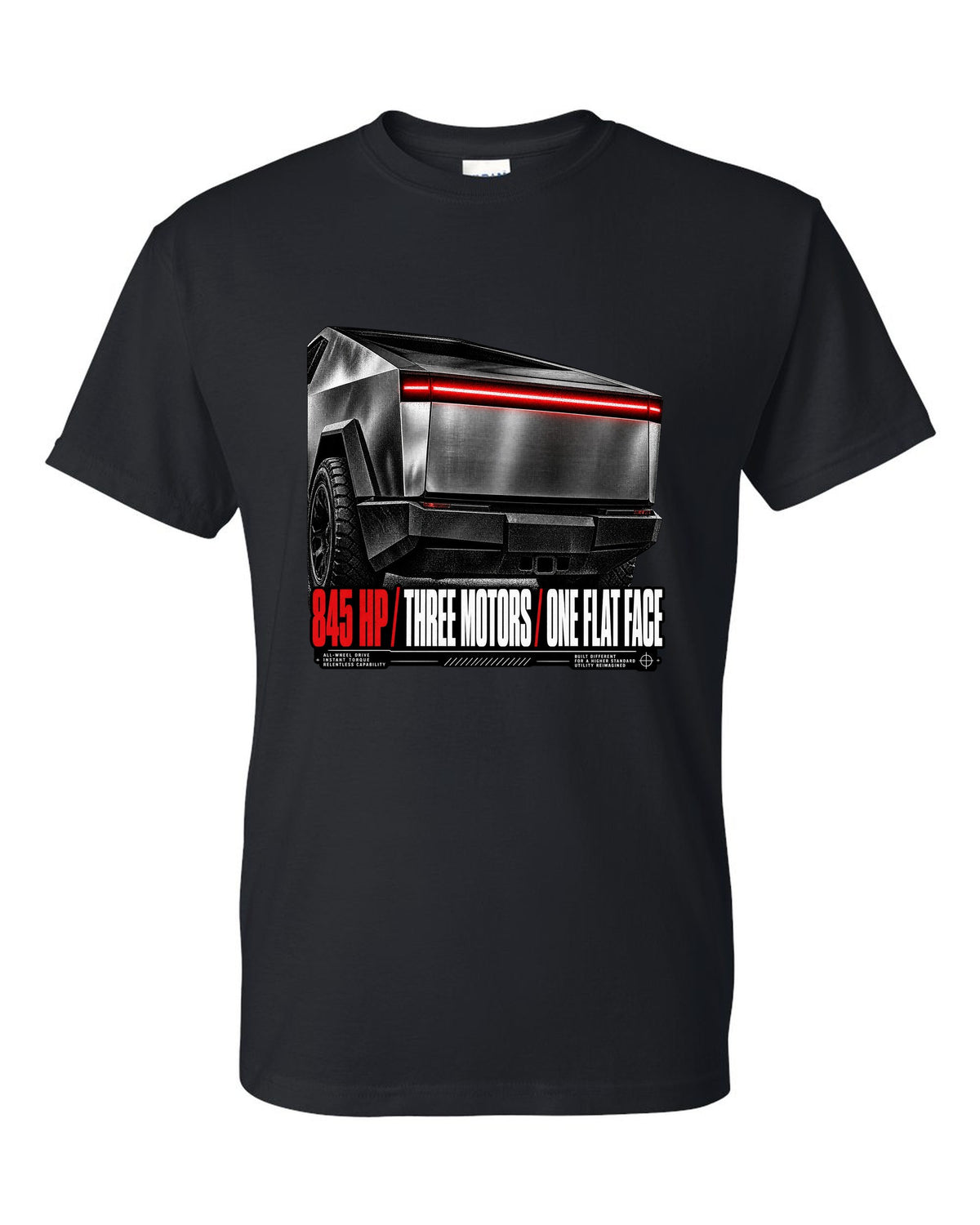 Macro of the Tesla Cybertruck Cyberbeast 2024 light bar with 845 HP and three motors text black t-shirt front view with the design