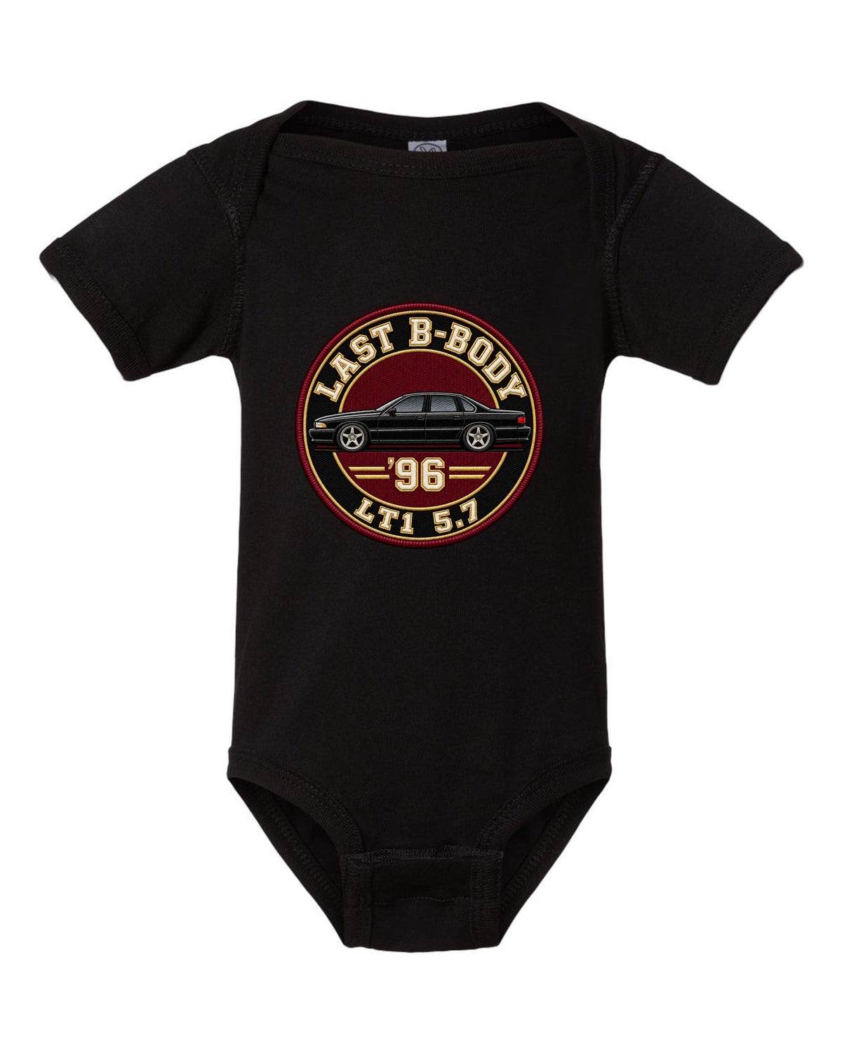 Varsity crest print for the 1996 Chevrolet Impala SS reading Last B-Body, '96, LT1 5.7 black baby onesie front view with the design