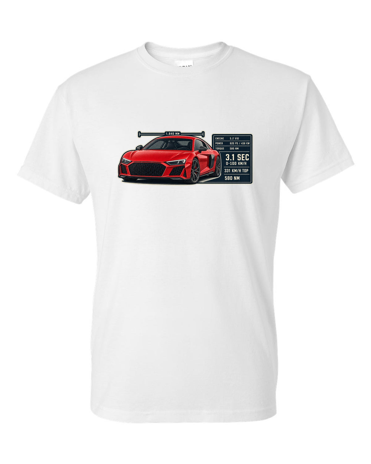 Audi R8 V10 performance coupe spec poster print design white t-shirt front view with the design