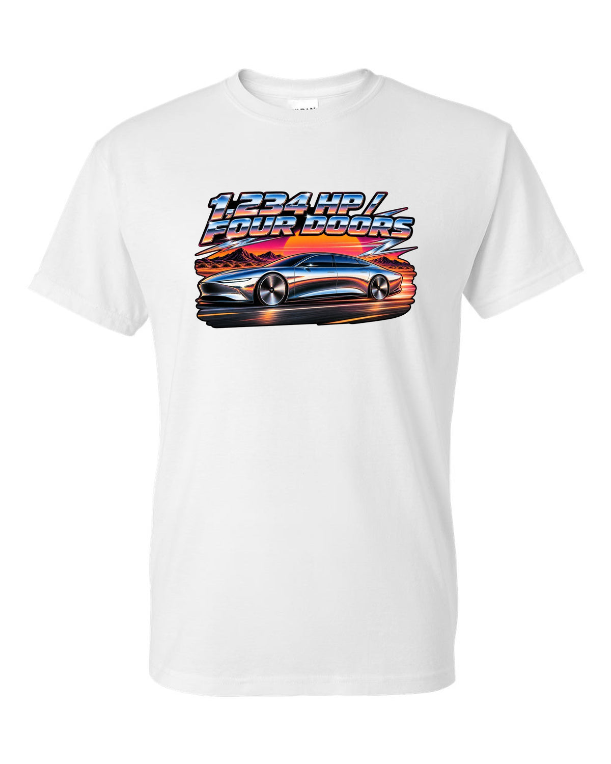 Lucid Air Sapphire 80s airbrush chrome poster print with the text 1,234 hp four doors white t-shirt front view with the design