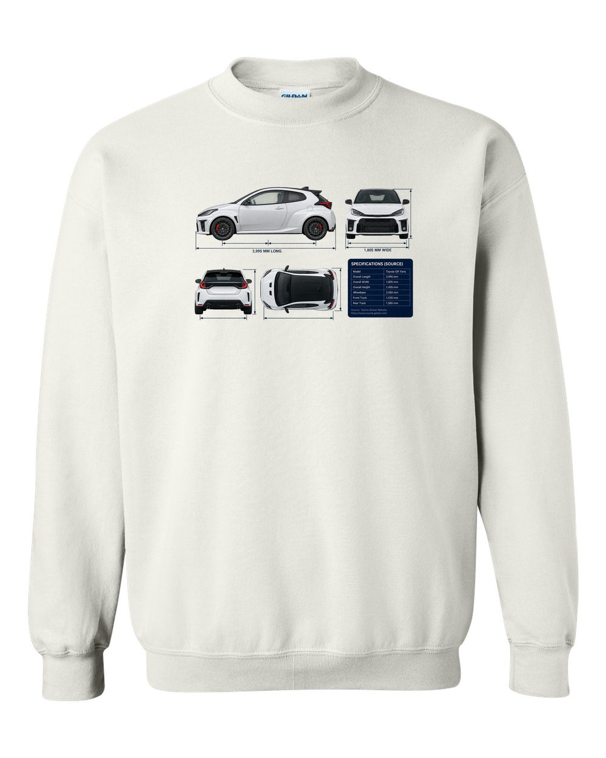 Toyota GR Corolla Morizo Edition Blueprint white crewneck front view with the design