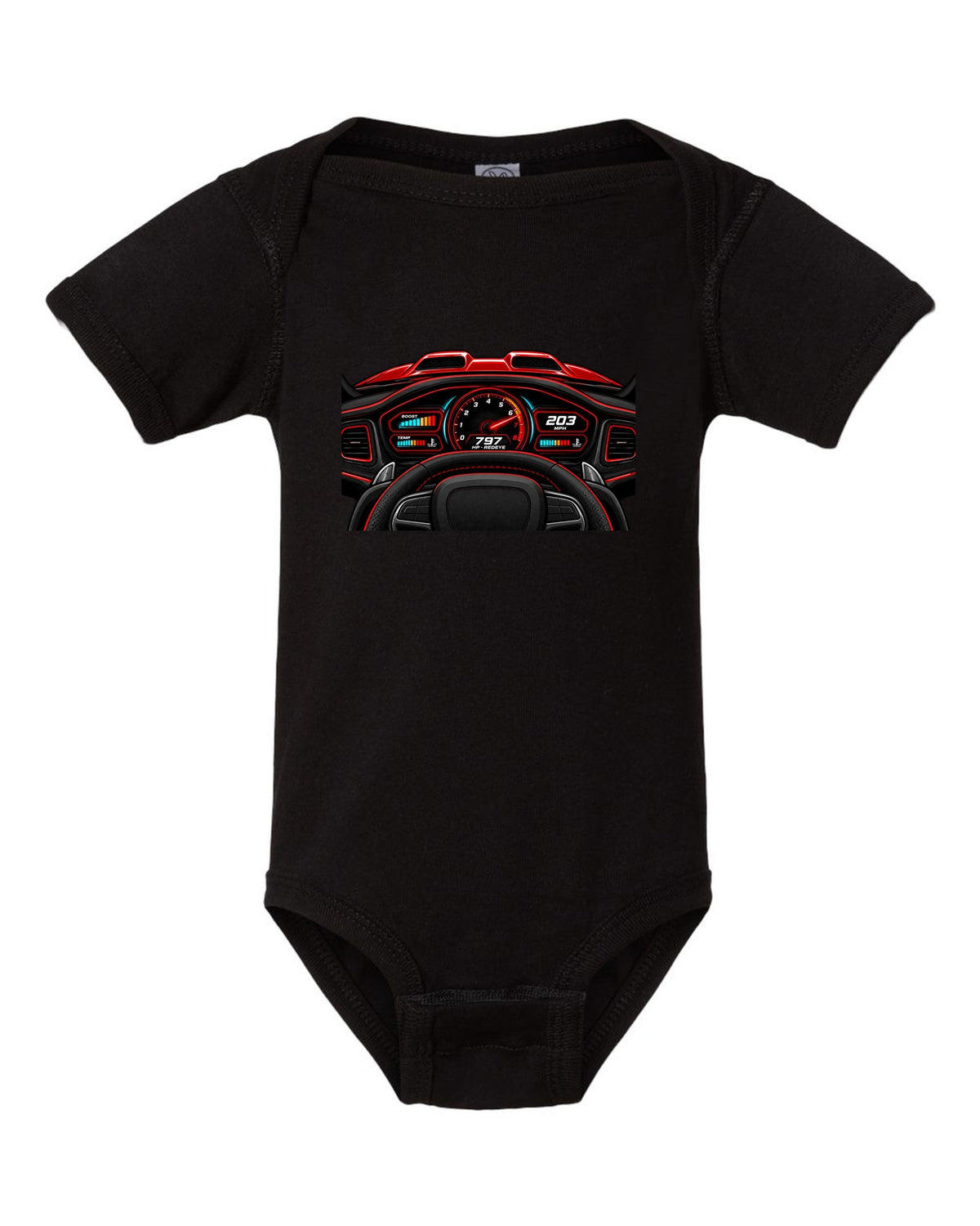 Retro Japanese showa catalogue ad of a 1969 Dodge Charger Daytona with a tall rear wing black baby onesie front view with the design