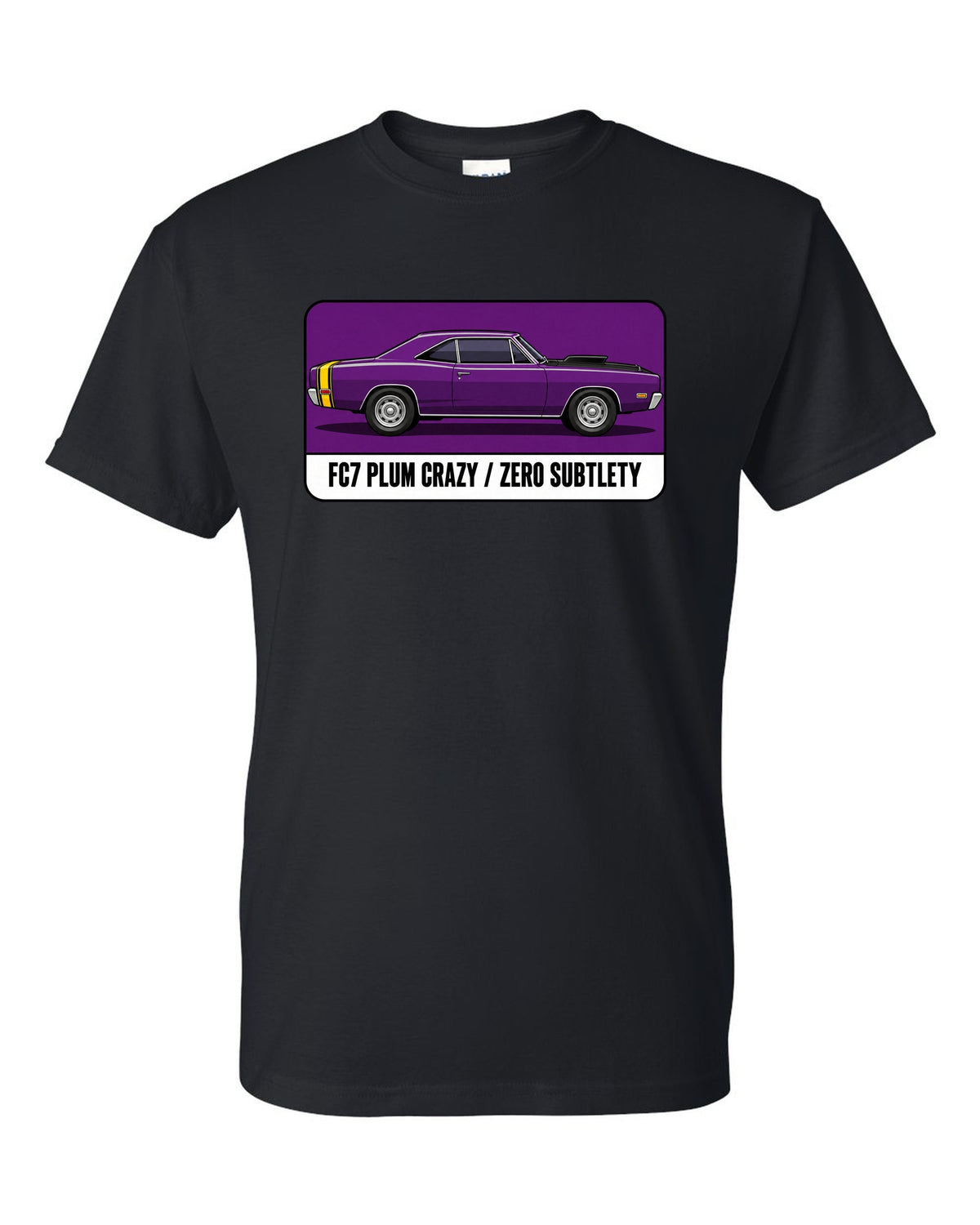 Pantone-style swatch print of a 1969 Dodge Coronet Super Bee in Plum Crazy black t-shirt front view with the design