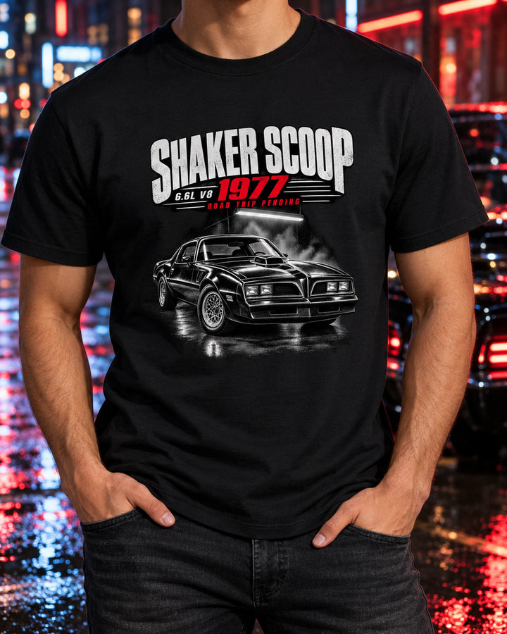 Pontiac Firebird Trans Am 1977 Garage Night Tee, Shaker Scoop T-Shirt Black worn hero