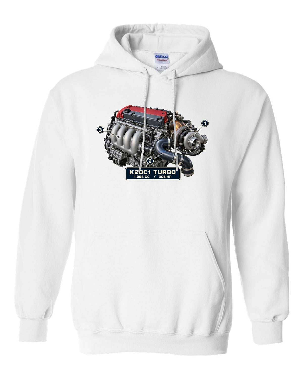 print engine illustration of the Honda Civic Type R FK8 K20C1 turbo engine white pull over hoodie front view with the design