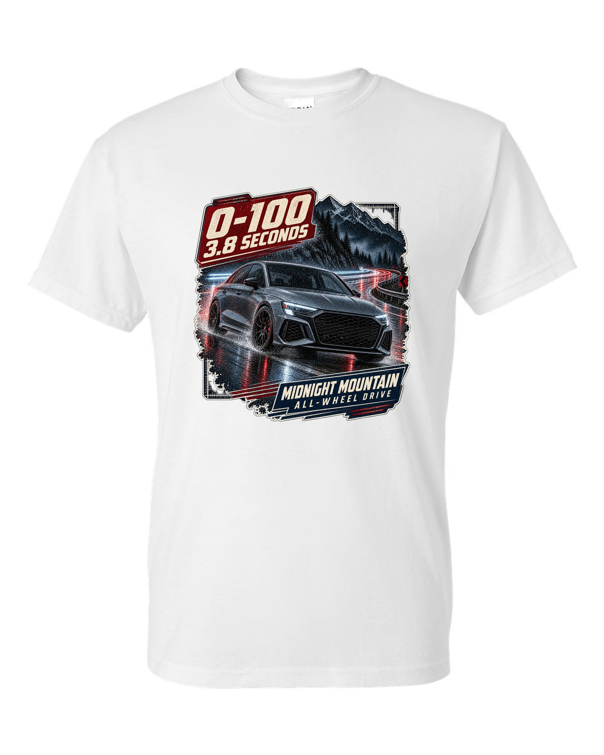 Audi RS3 8Y sedan on a night mountain road with 0-100 caption white t-shirt front view with the design