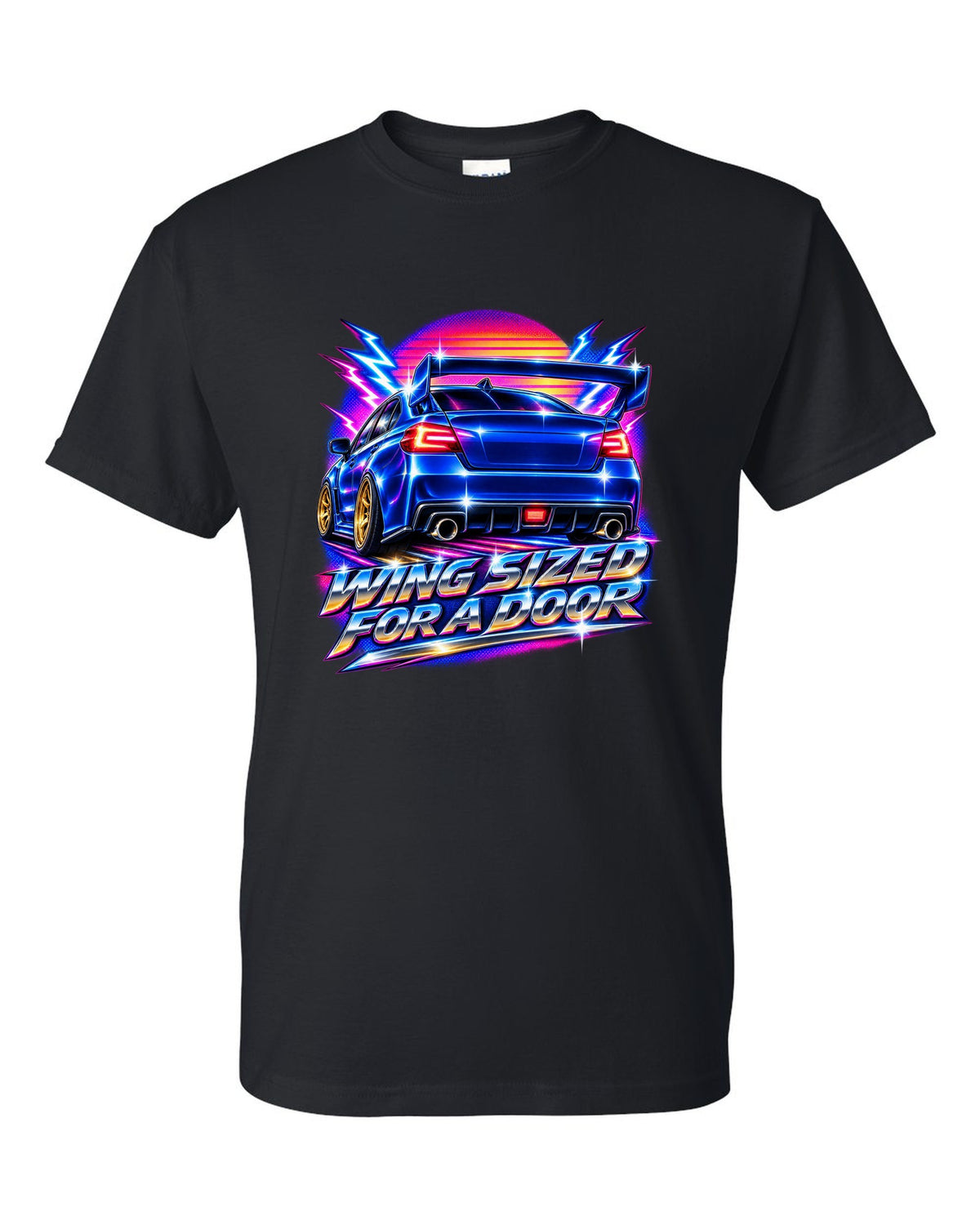 Subaru WRX STI VAB rear in 80s airbrush chrome, WING SIZED / FOR A DOOR black t-shirt front view with the design
