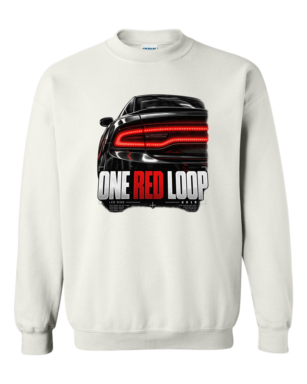 Macro print of a 2015 Dodge Charger LX/LD red LED ring taillight white crewneck front view with the design