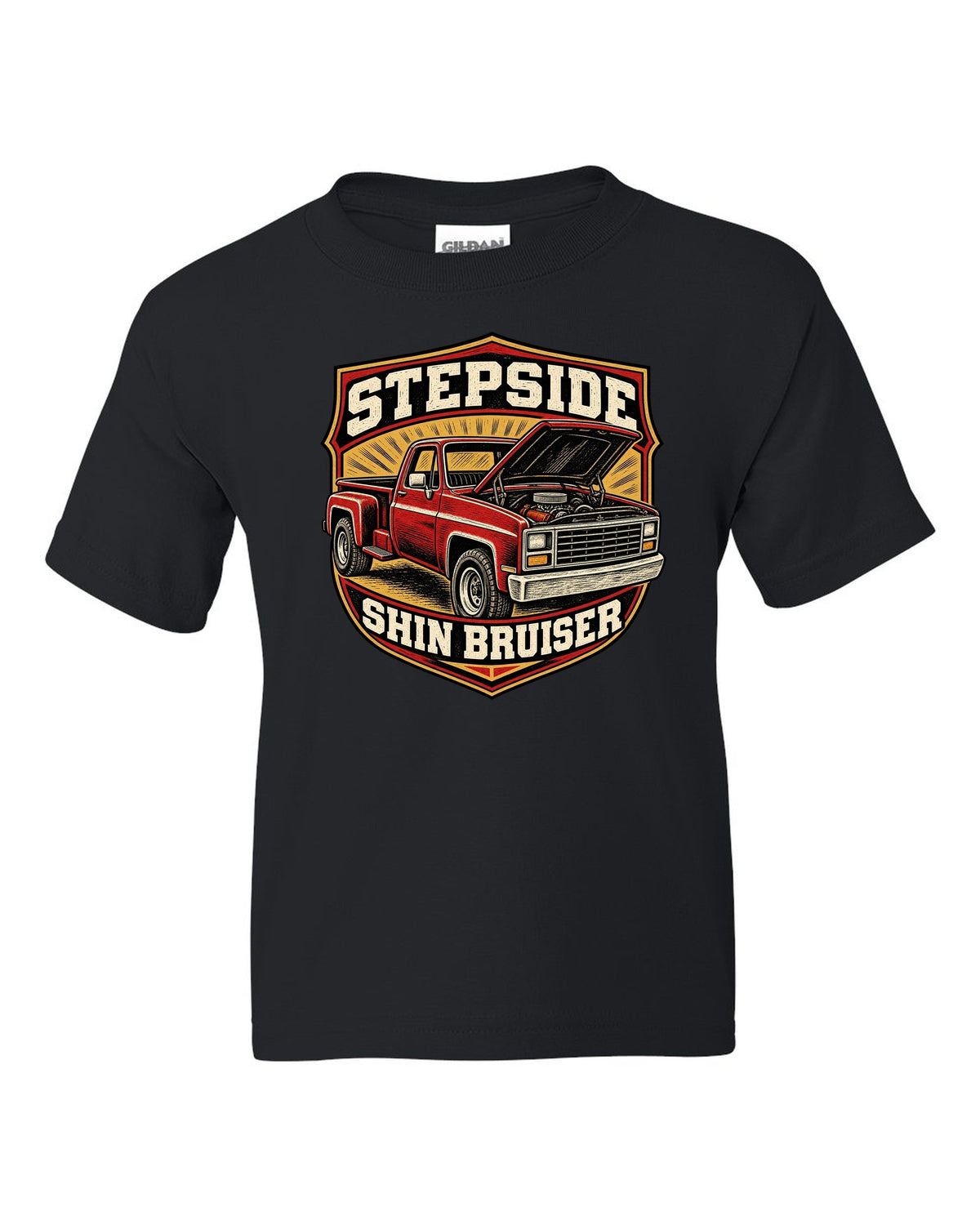 Linocut woodcut print of a 1973-87 Chevrolet C10 Squarebody Stepside with hood up and shin bruiser text black kids tee front view with the design