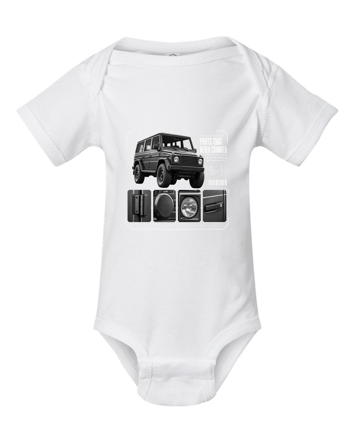 Three-panel dossier print of a Mercedes G-Class W463 with Parts T Never Changed lettering white baby onesie front view with the design