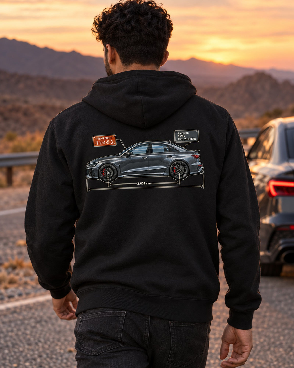 Audi RS3 8Y Five-Cylinder Firing Order Blueprint Shirt Zip Hoodie Black worn hero