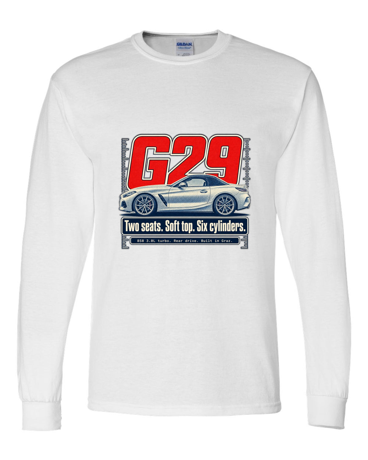 Halftone print of the BMW Z4 G29 roadster with two seats and six cylinders text white long sleeve front view with the design