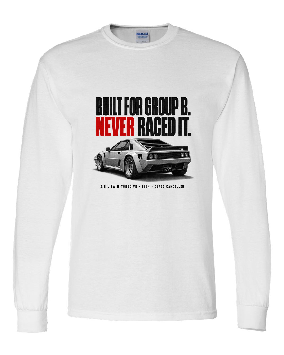 Ferrari 288 GTO 1984 rear three-quarter halftone print, built for Group B, never raced it white long sleeve front view with the design