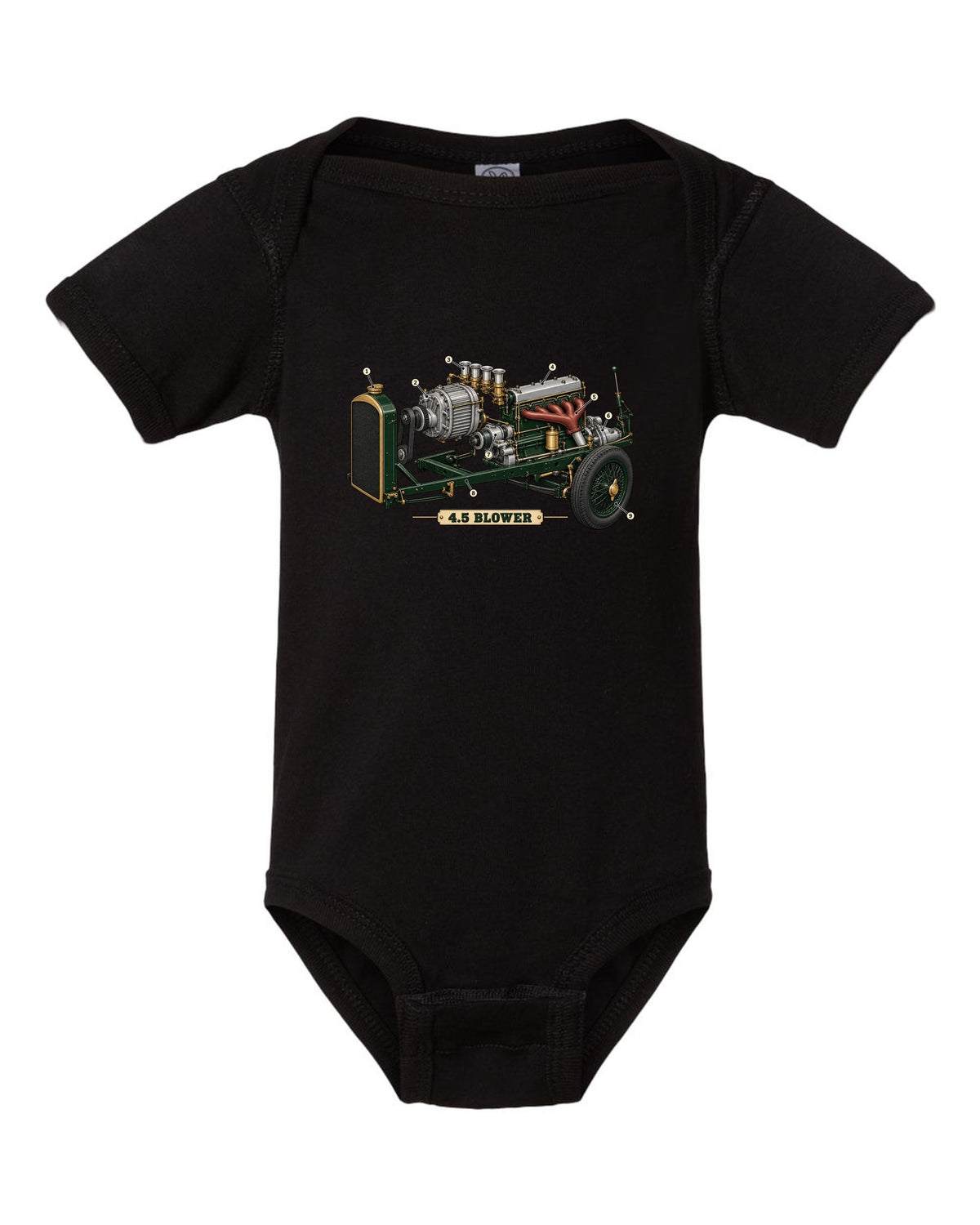 Exploded view diagram of the 1929 Bentley 4.5 Litre Blower supercharged engine with 4.5 BLOWER lettering black baby onesie front view with the design