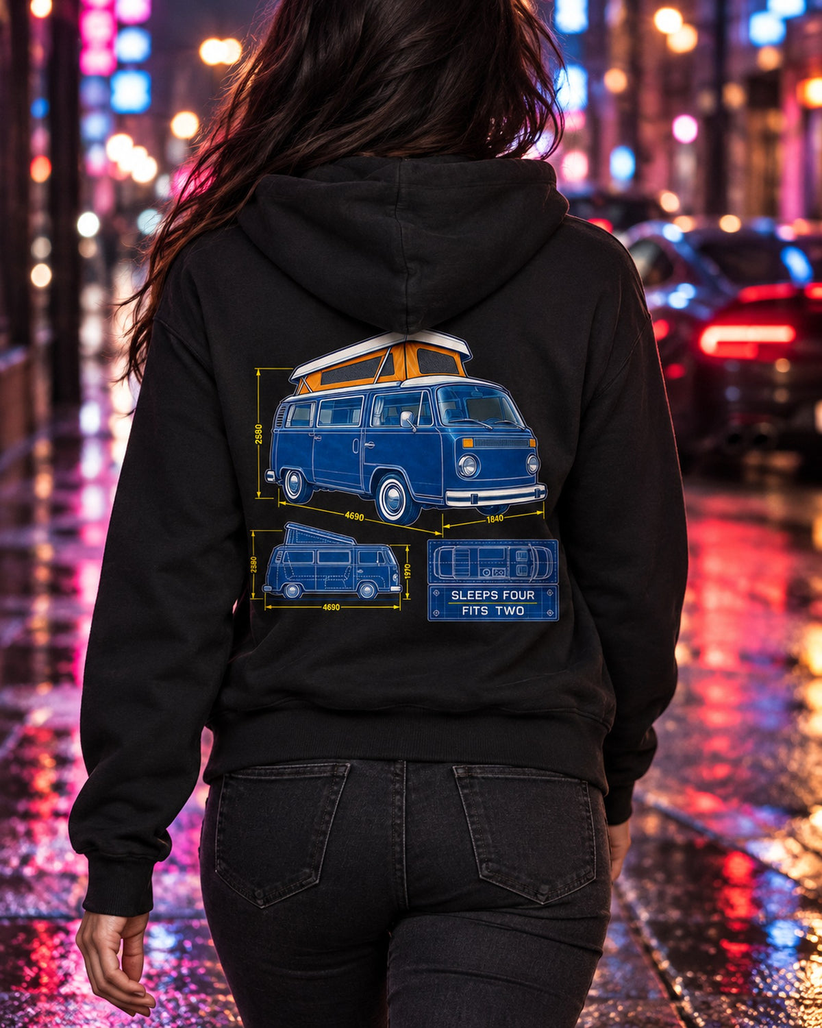 Bay Window T2 Camper Cyanotype Blueprint Shirt, Sleeps Four Zip Hoodie Black worn hero